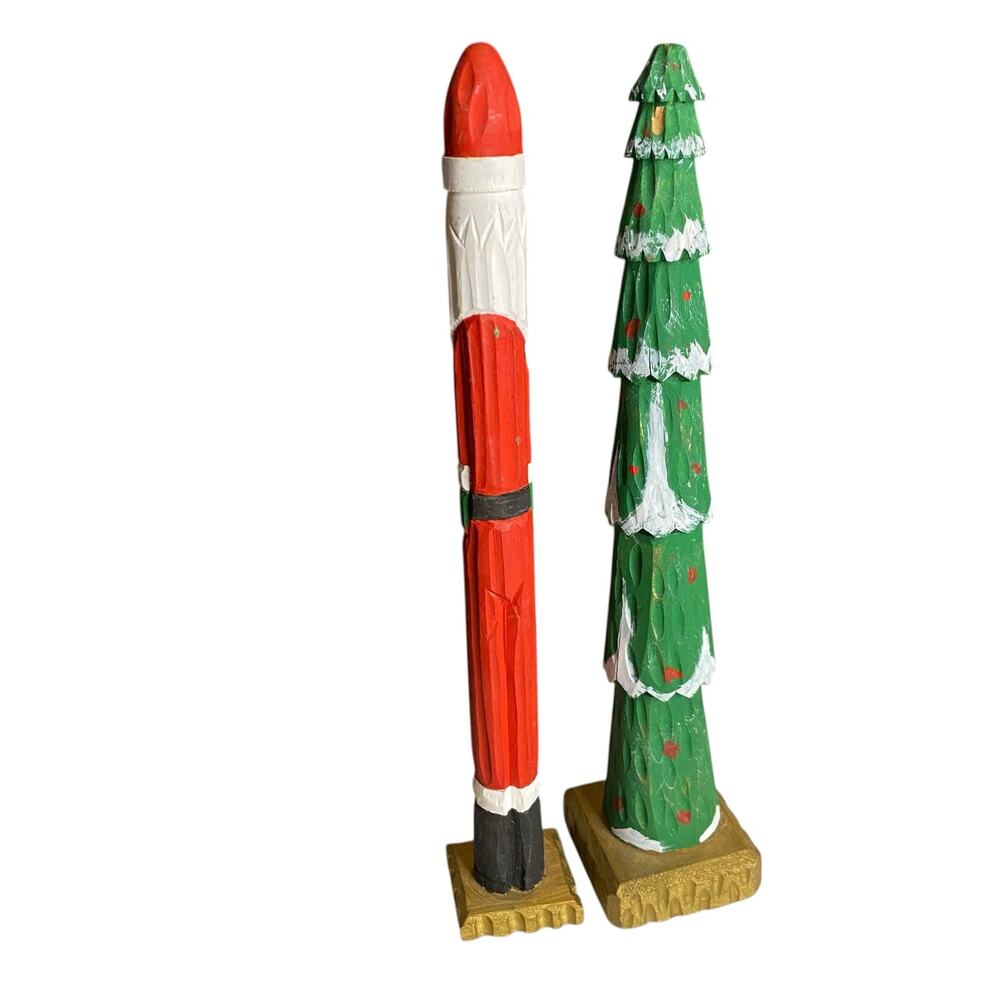 Vintage Hand Carved Wooden Pencil Skinny Santa Claus and Christmas Tree Figurine - Picture 3 of 14